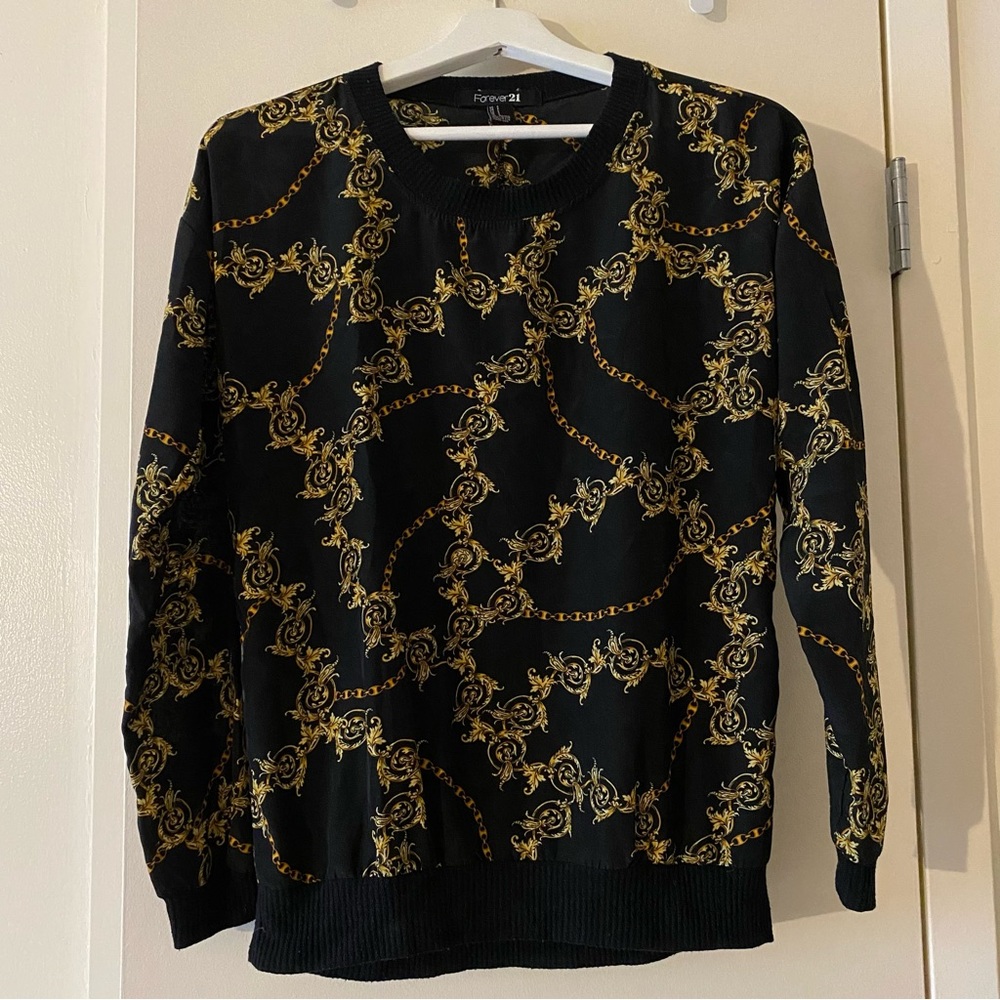 Forever 21 jewelry inspired silky blouse, black and gold, women’s size S